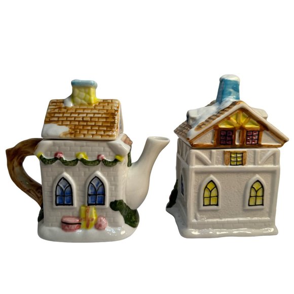 Sugar Bowl Creamer Set Houston Harvest Christmas Santa Ceramic Cottages - Picture 6 of 12